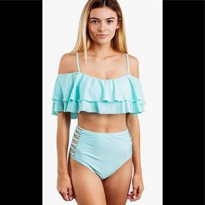 Romi Como 2pc Swimsuit Hi Waist Control Ruffle Bikini Top Sky Blue Recycled Sz L